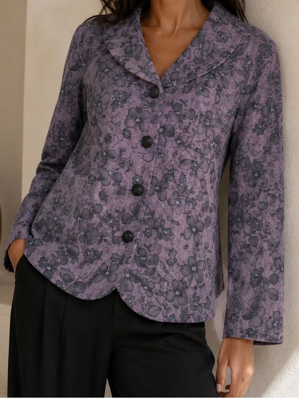 Leslie Fay Vintage Floral Blazer Jacket Purple Gray Button Front Women’s Size 14